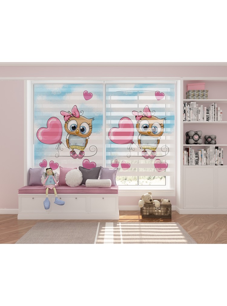 ZEBRA PERDE KAHVERENGİ BAYKUŞ PENBE KALP MODELİ
